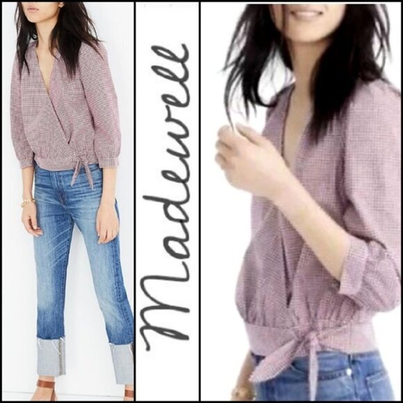 NEW! MADEWELL Gingham Check Wrap Blouse Lg. - Picture 1 of 6